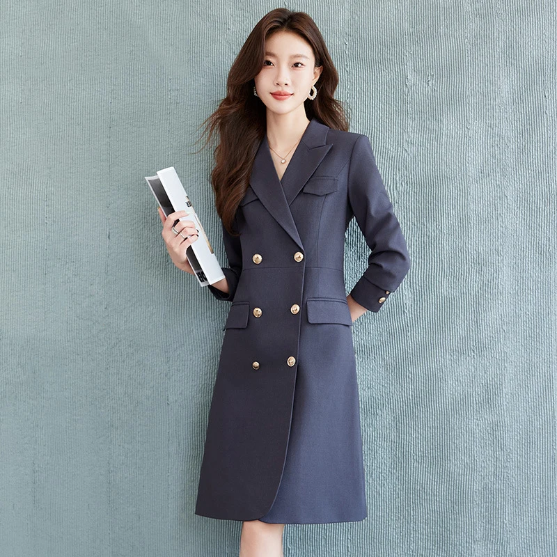 Frauen Neue Frühling Herbst Langarm Anzug Kragen Kleid Pendeln Elegante Taille Cinching Temperament Professionelle Kleid