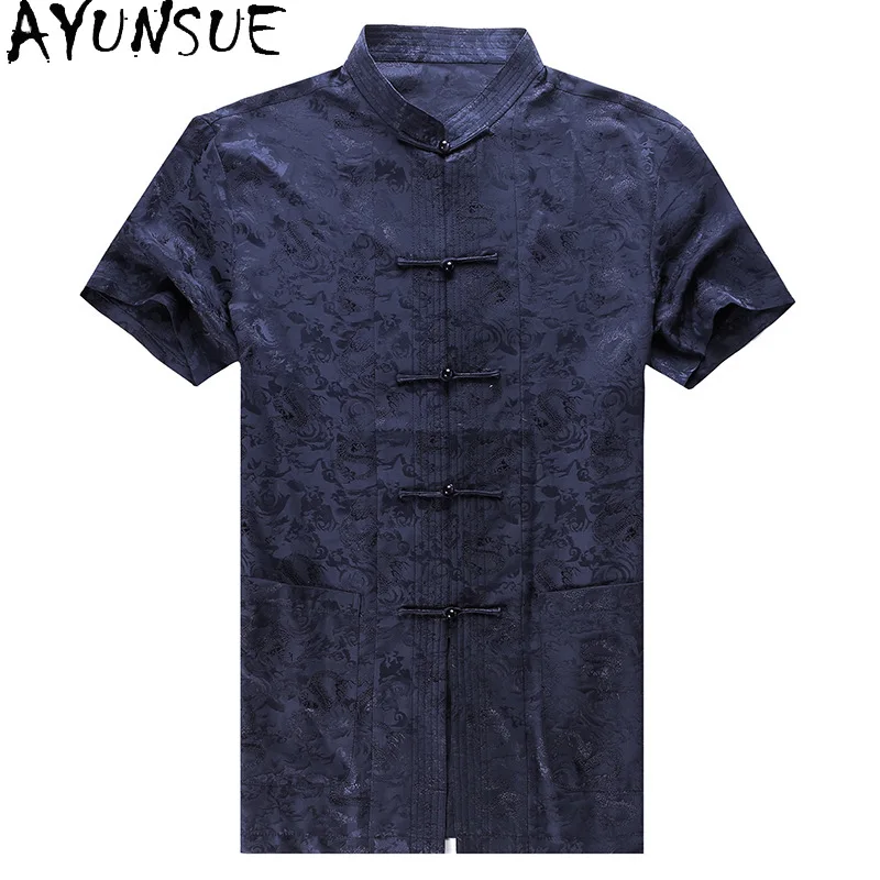 AYUNSUE Brand 100% Mulberry Silk Shirt for Man Short-sleeved Tops Casual Stand Collar Mens Shirts Chinese-style ropa de hombre