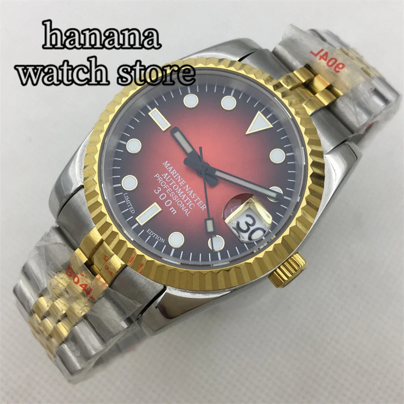 36mm 39mm NH35 Automatic Watch For Men Luxury Gold Silver Fluted Curved Bezel Gradient Red Dial Sapphire Glass Waterproof Watchs