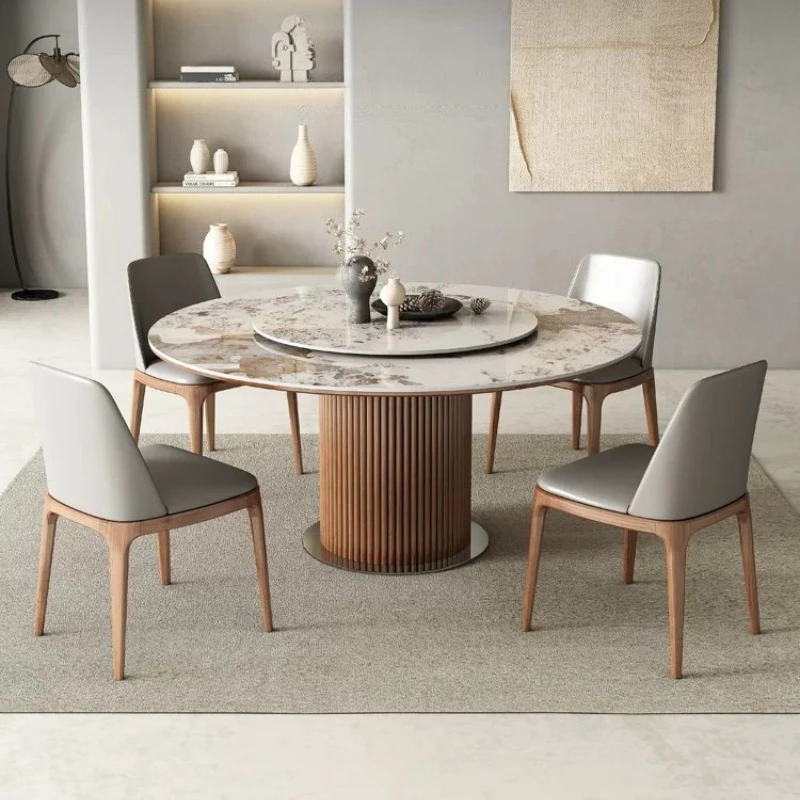 Nordic Wabi‑Sabi Round Dining Table Wooden Fluted Base Sintered Stone Dinner Table with Built‑in Lazy Susan for Home Dining Room