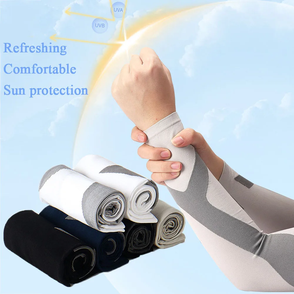 1Pair Ice Silk Sunscreen Sleeves Men's Sports Elastic Arm Guards Summer UV Protection Sweat-absorbent Cooling Sleeves Cover