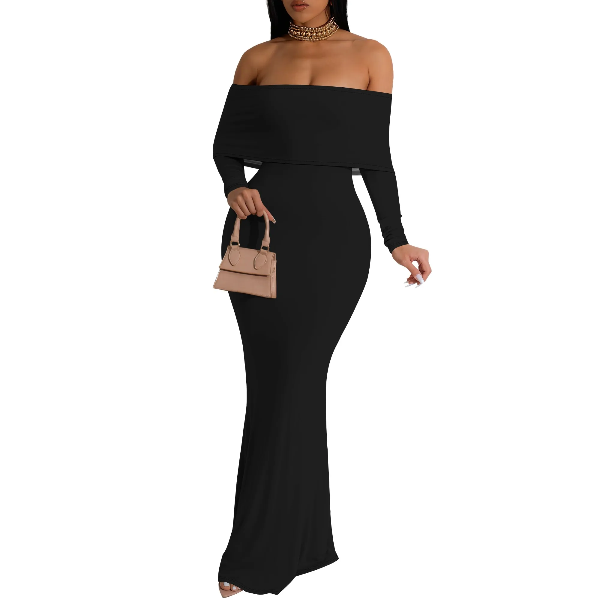 

Women's Sexy Elegant Slim Fit Long Sleeve Off Shoulder Evening Dress Vintage Printed Backless Dress