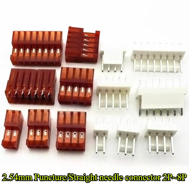 30Pcs/lot 2.54mm Red Puncture/Straight Needle Pitch 2.54mm 2P/3P/4P/5P/6P/7P/8P Straight Needle Seat AMP Housing Plug Connector