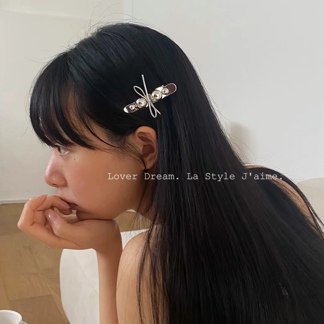 New textured silver beads imitation leather bow duck bill clip hairpin, Korean version sweet side bangs clip hair accessories