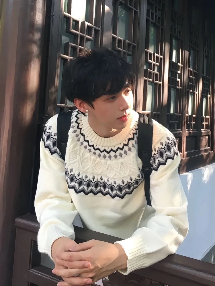 

Тяжелый свитер в стиле ретро Fair Isle Knit, круглый повседневный свободный свитер Cleanfit, удобный мягкий свитер среднего размера Long Sve