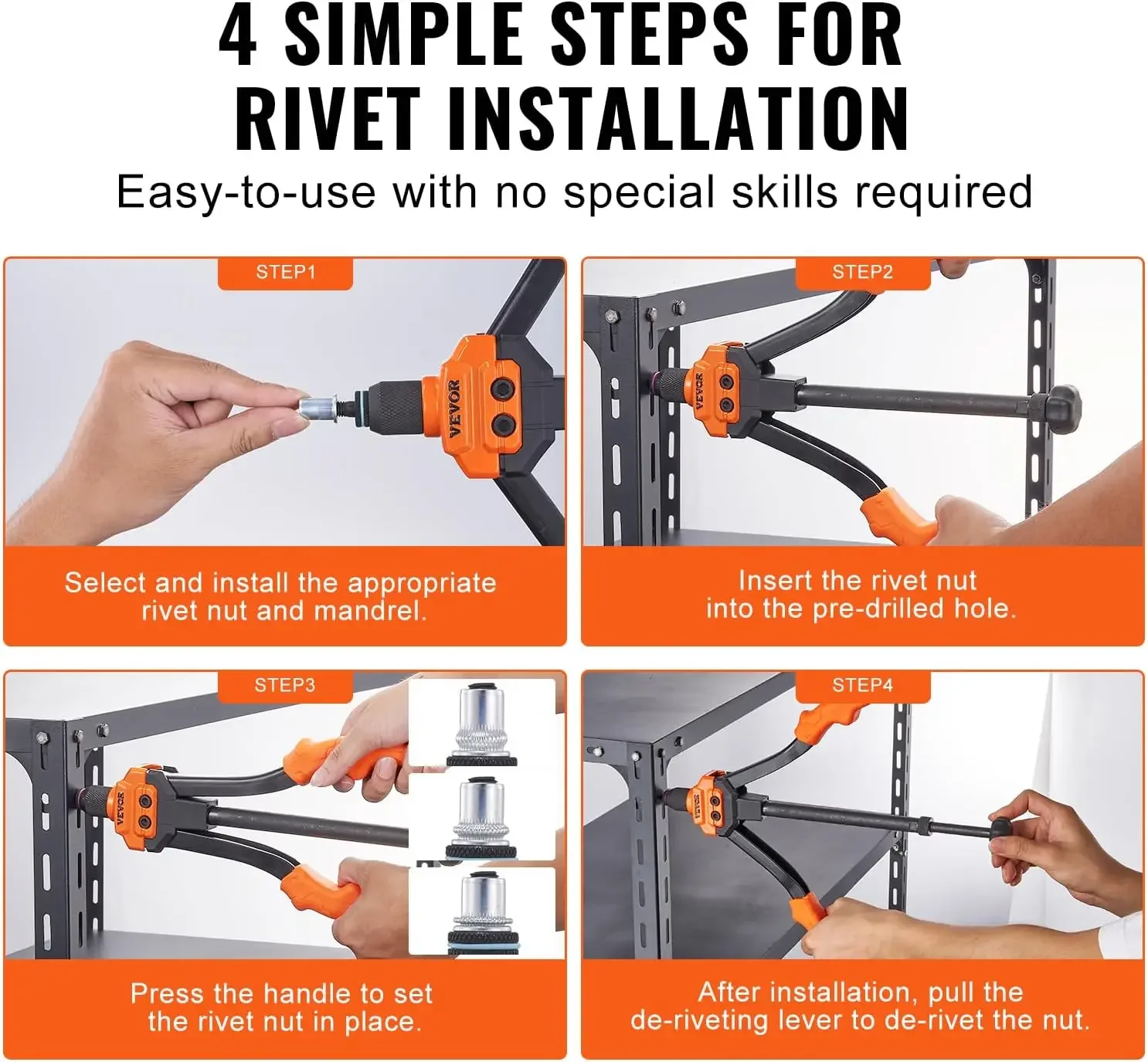 14” Rivnut Tool Kit with 7 PCS Metric and SAE Mandrels, 70 PCS Assorted Rivet Nuts, 10-24, 1/4-20, M6, 5/16-18, M8, 3/8-16, M10