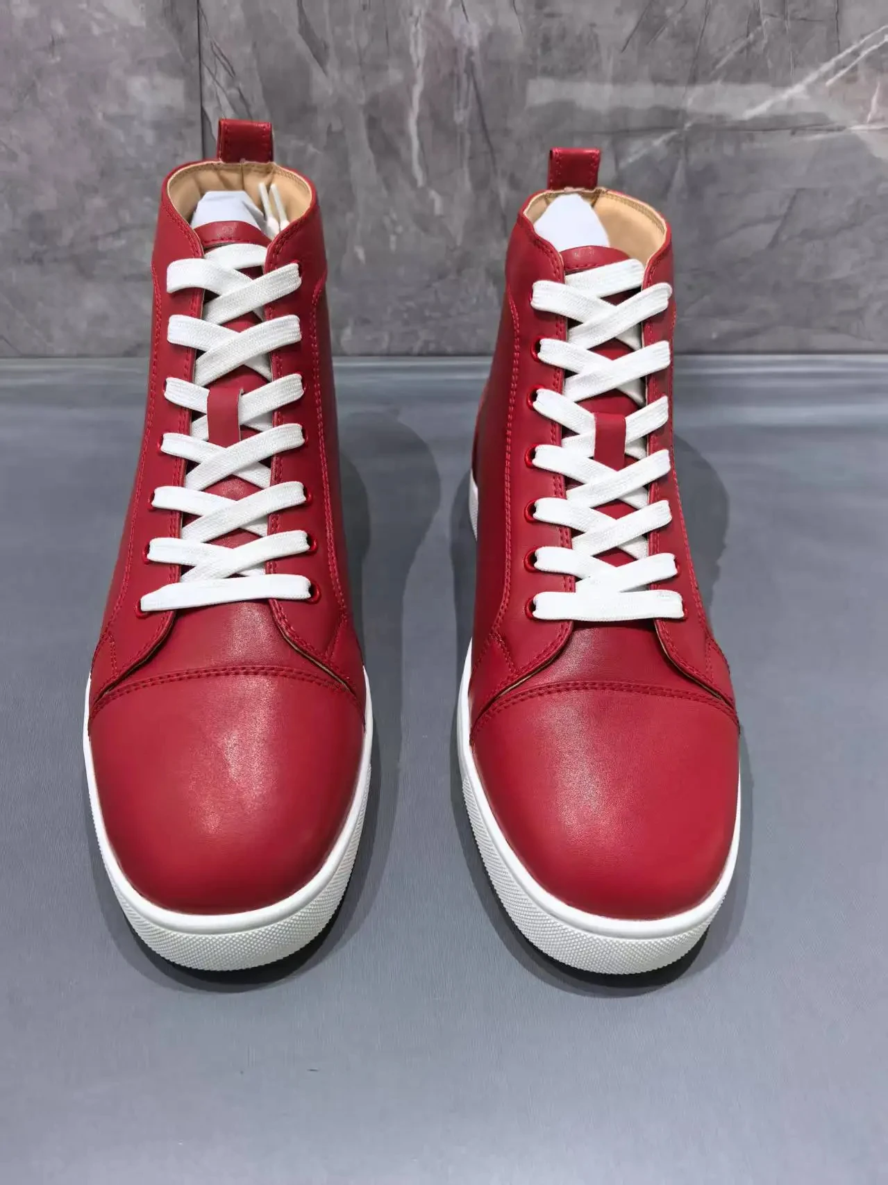 

High-Top Sneakers Male Flat Sole Zapatillas Designer Men Casual Sports Shoes White Shoelace Lace-Up Red Color Leather Round Toe