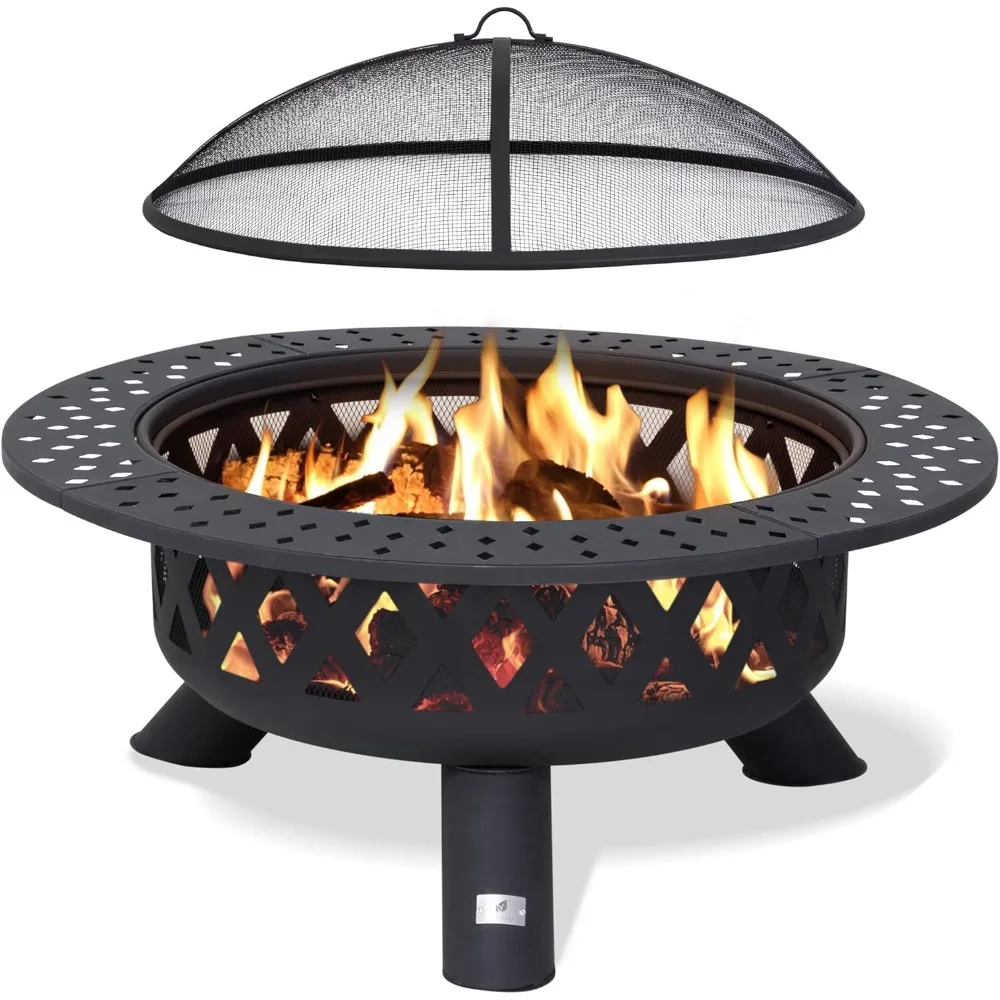 

Large Round Outdoor Wood Burning Fire Pit with Wider Tabletop, Spark Screen, and Fire Poker, Phombus Pattern