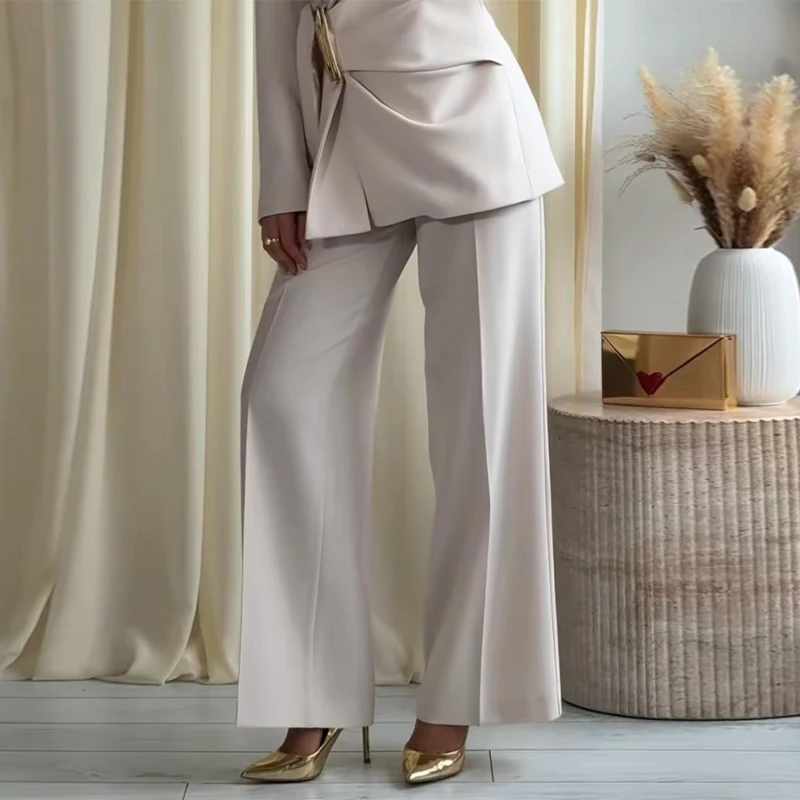 Eleganter Damenanzug mit Schnallengürtel, Blazer mit Revers und langen Ärmeln, schmal geschnittener Mantel und weit geschnittene Hose – Frühlingsneuheit – Detail 25