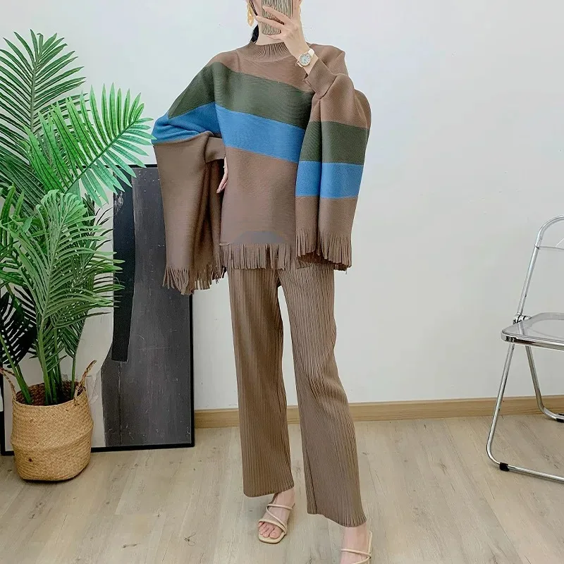 

Miyake Pleated Women's Pants Set Striped Irregular Loose Shirt Paired with Solid Color Straight Leg Pants Women's 2-piece Set