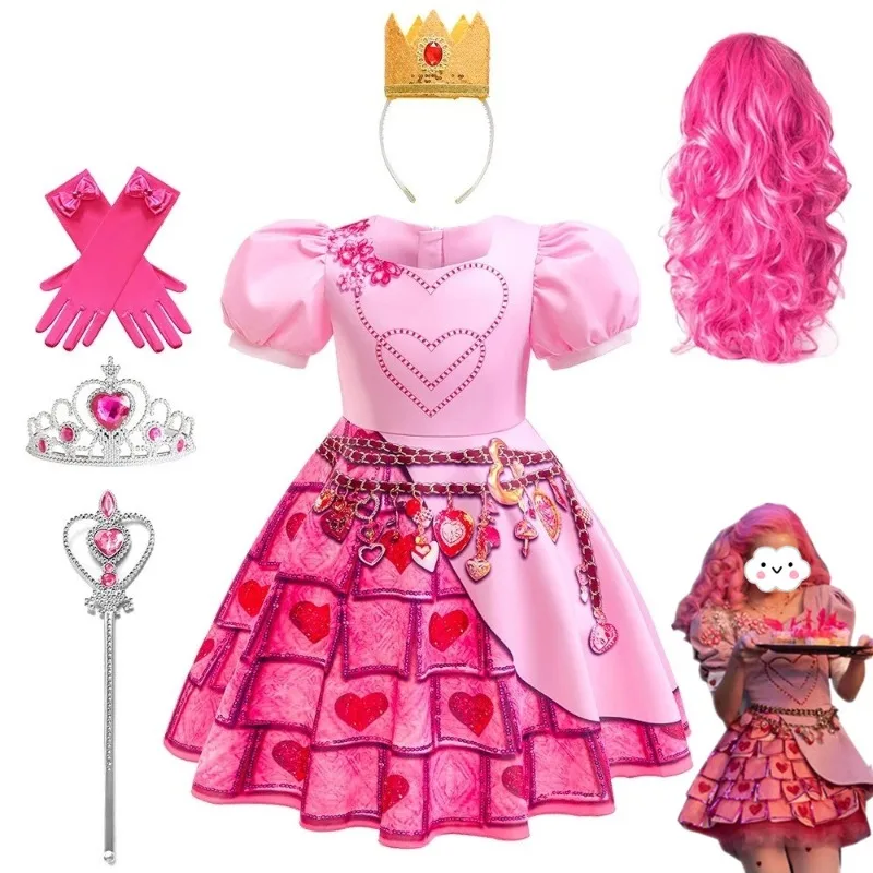 Косплей на Хэллоуин, костюмы D-Descendants 4 главного героя для детей, девочек, маскарадный костюм, королева сердца, Бриджет, розовое платье, парик