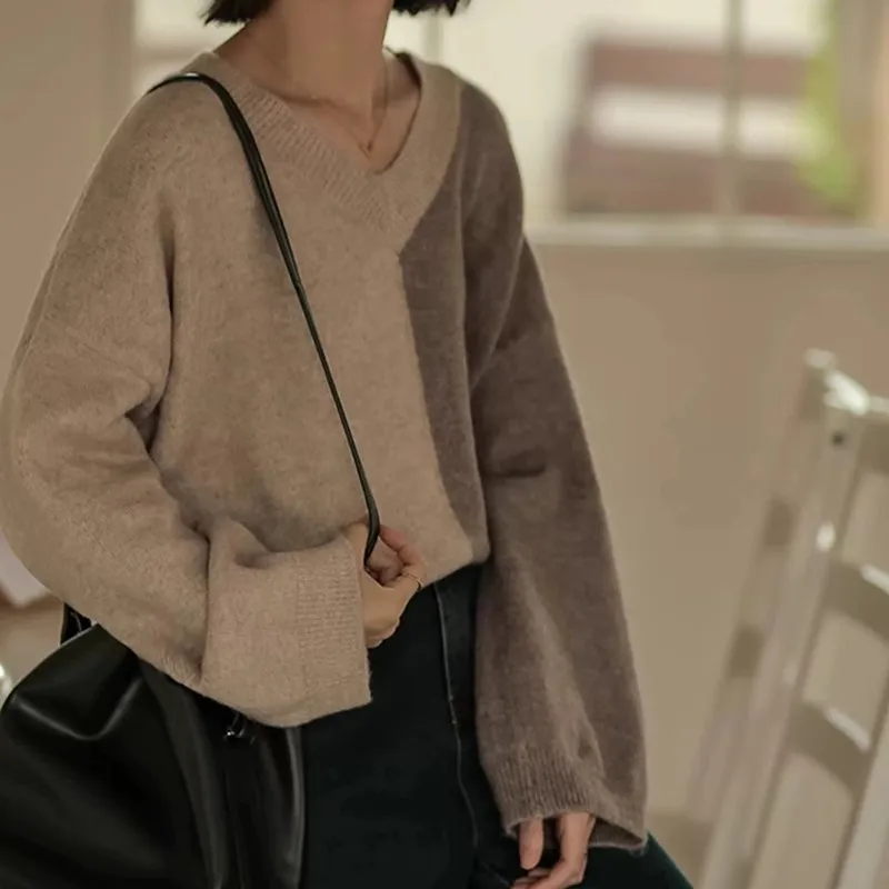 

Осенне-зимний женский пуловер с шерстяными длинными рукавами, модный двухцветный кашемировый вязаный базовый слой с v-образным вырезом