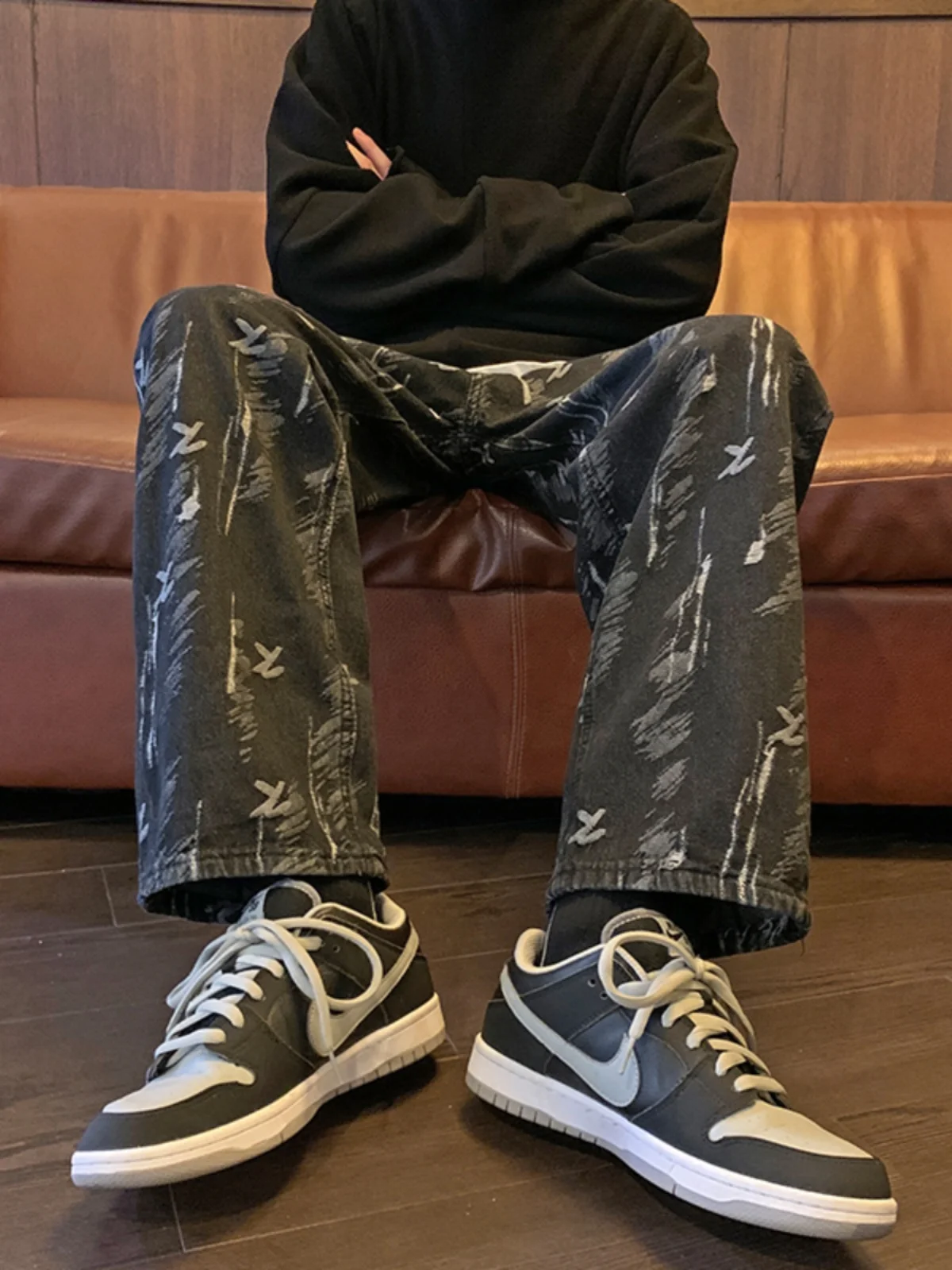 

Мужские джинсы прямого кроя в винтажном стиле INS, модные, в гонконгском стиле, с вышивкой, повседневные, молодежные, весна-осень