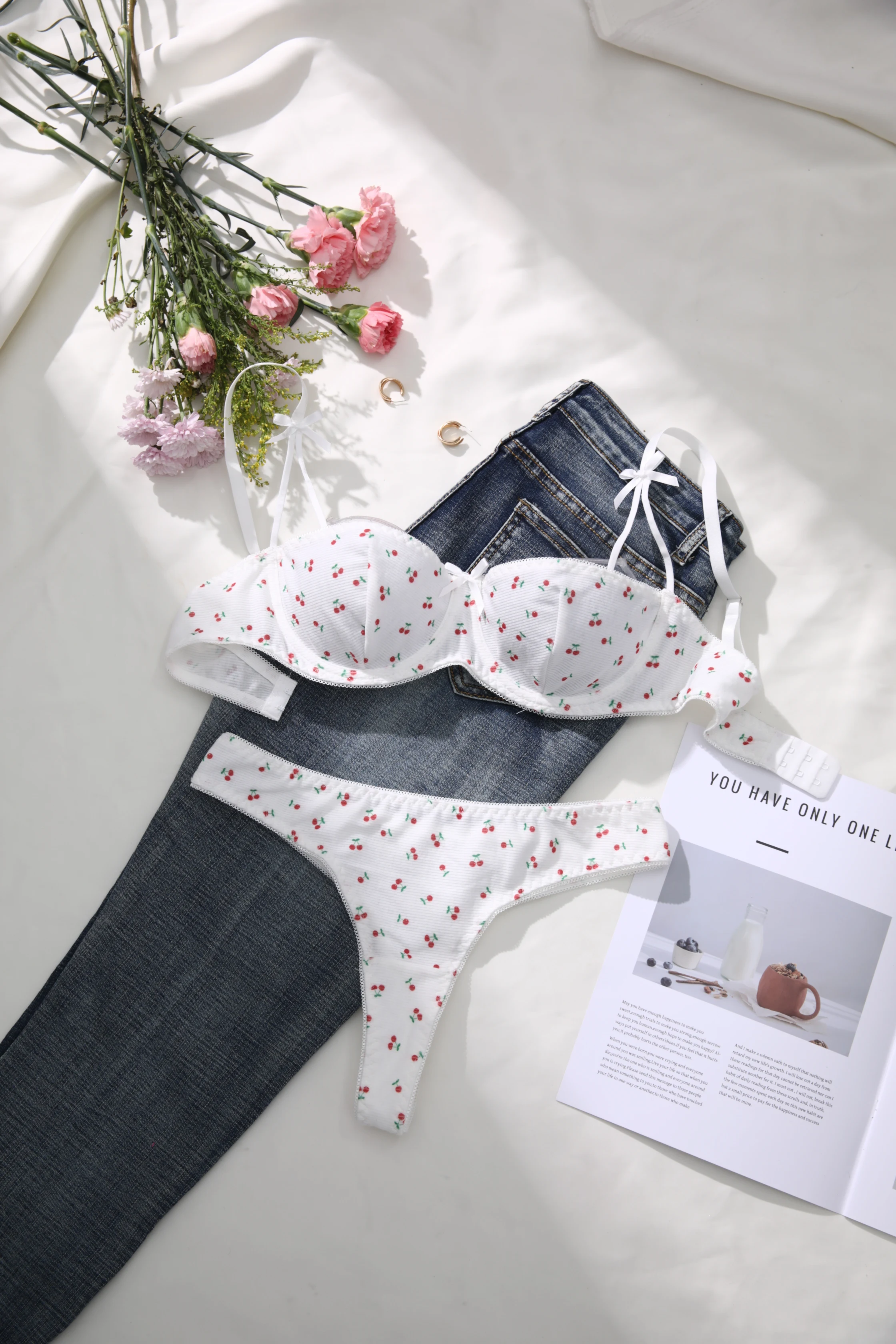 

Ladies Summer 2-Piece Set Casual Bra Ensemble including Stripe Cherry Print Comfortable Home Leisure Outfit
