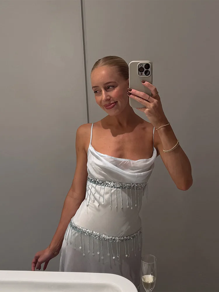 

Tassels Sequin See Through Slip Long Dresses Women Sexy Square Collar Sleeveless Backless Transparent Dress Chic Lady Partywear