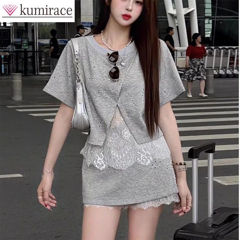 

Lace Patchwork Short Sleeved Top Versatile Pants Skirt Two-piece Set with Split Sides T-shirt Short Skirt Shorts Set Skirt Sets