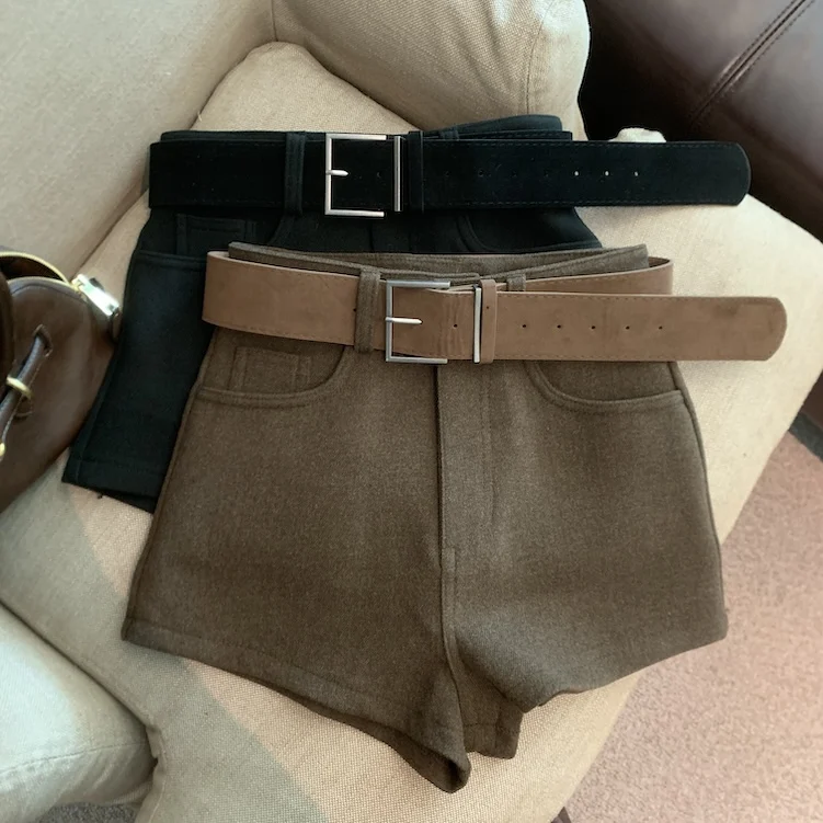 المرأة الخريف الشتاء الصوف والمزيج السراويل سيدة الشارع الشهير عالية الخصر بلون خمر دعوى السراويل القصيرة #3