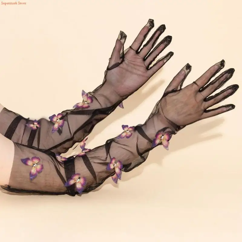 Q5WE Evening Dresses Gloves Butterfly Sheer Gloves for Halloween Elbow Arm Gloves