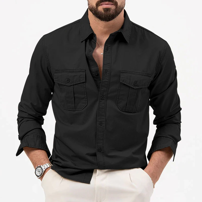 Spring and summer new European and American men\'s shirt multi-pocket casual long-sleeved shirt