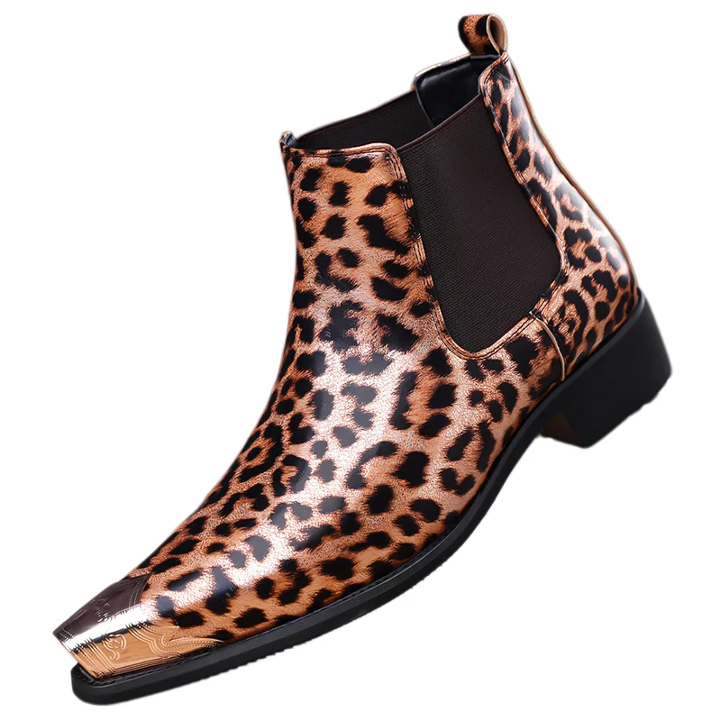 New Men's Animal Fashion Print Chelsea Boots - Bling Pattern Ankle Boots with Metallic Toe & Elastic Side Gore for Street Style