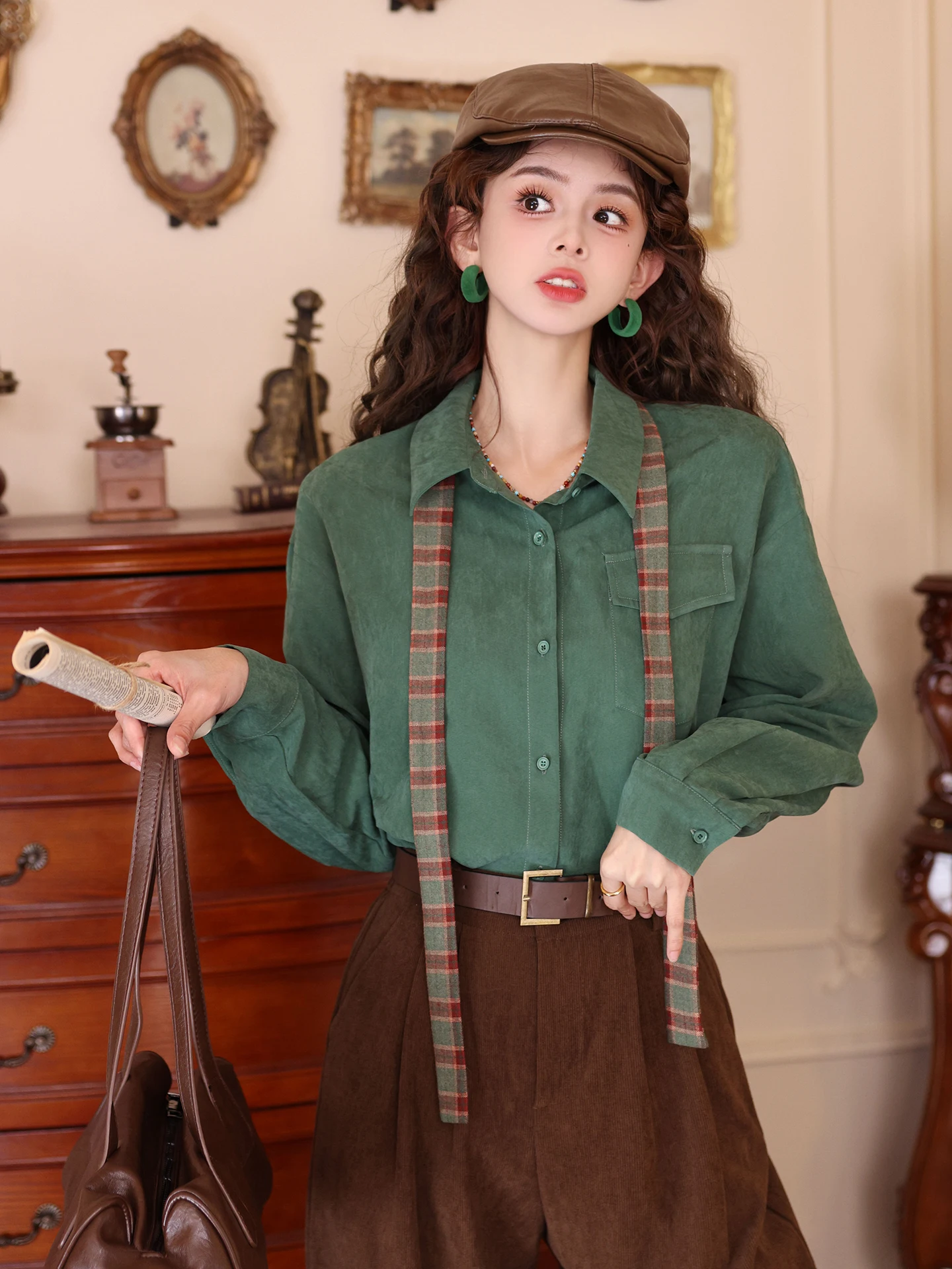 

Deep Forest Pure Color Long Sve irt Women's Sle 2026 New Season Versatile Loose Spring Top Breathable Polyester Cotton...