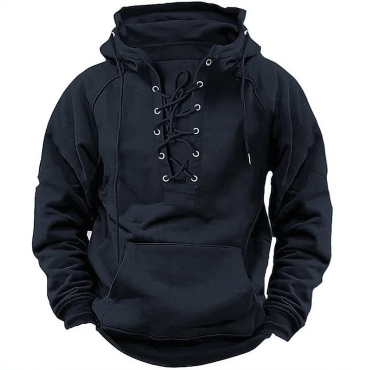 

2025 New Men's Autumn Winter Outdoor Casual Jacket: Retro Lace-Up, Loose Fit, Pure Color Long Sleeve Hooded Sweatshirt