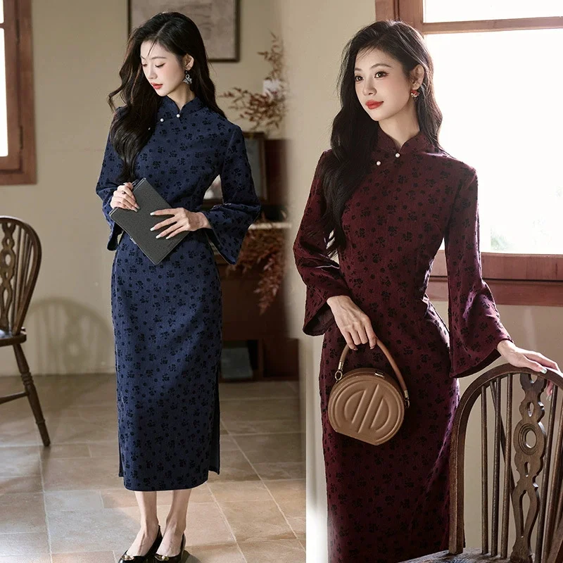 

Women Sexy Hanfu Robe Elegant Jacquard Flower Qipao Dress Mandarin Collar Vestidos New Chinese Style Chesongam Chinese Dress