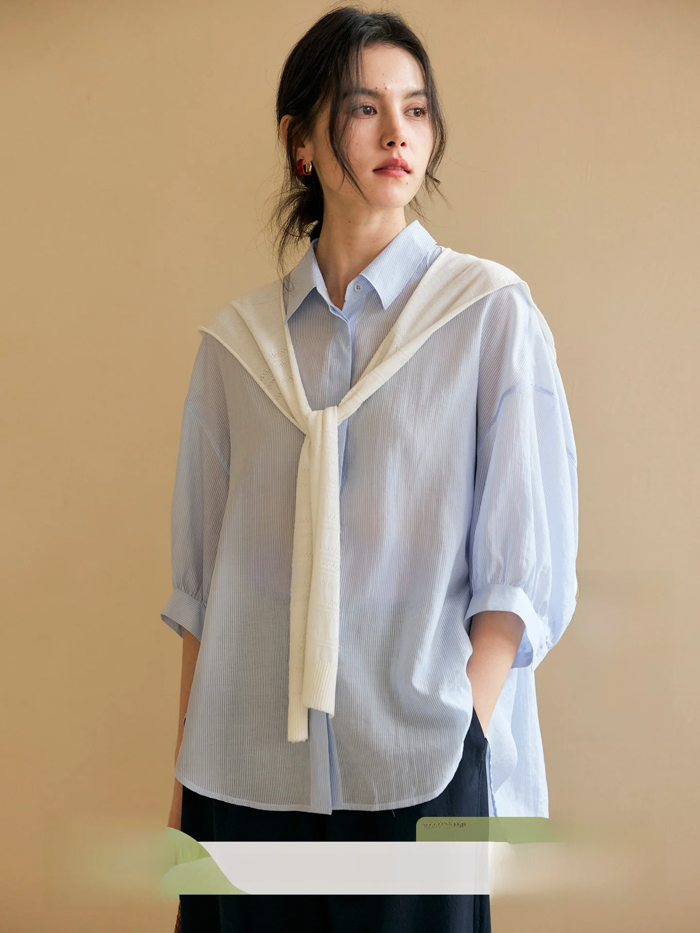 

HeyDress Women's Loose Striped Silk Shirt Spring Summer Removable Shawl Lazy Style Top Breathable Long Sleeve Flip Collar