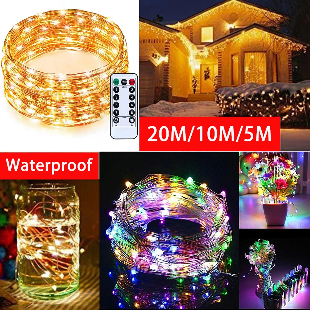 2023 Led Christmas Fairy Lights Copper Wire String 5-20M Holiday Outdoor Lamp Garland For 2024 New Year Tree Wedding Decoration