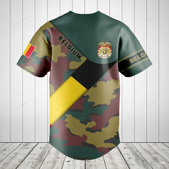 Custom Name Belgium Flag Camouflage Graphic Button Shirt Summer Casual Men's Fashion Baseball Team Jersey Short Sleeve Tops