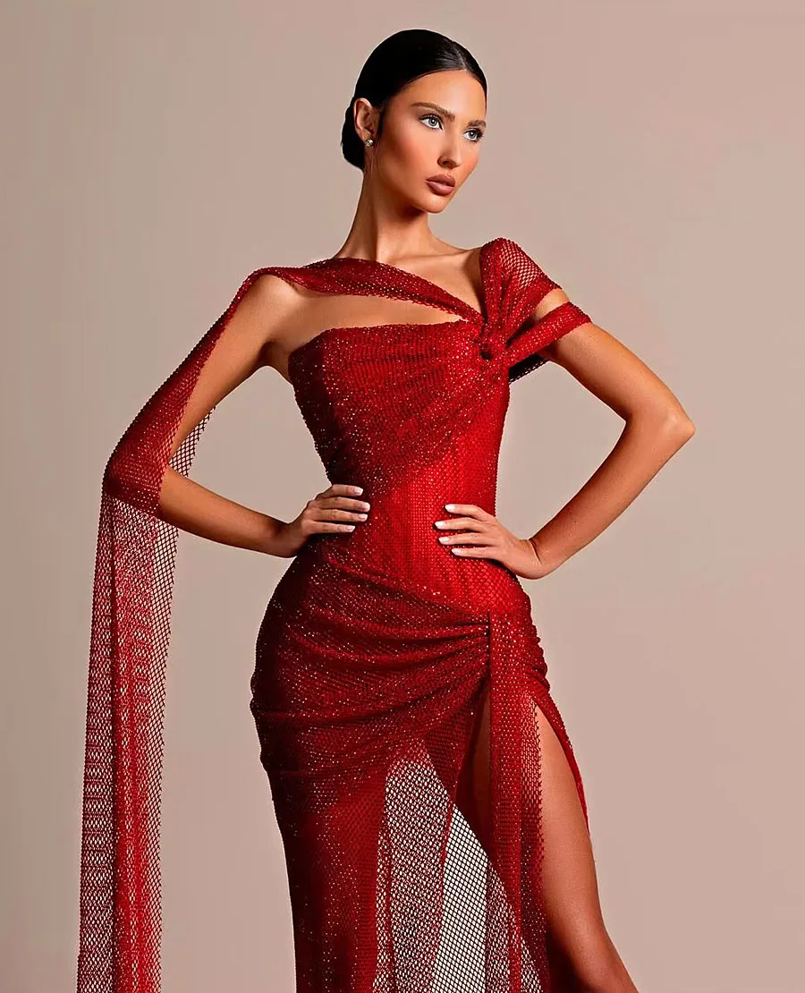 Red Sexy Evening Dresses High Side Slit Prom Dresses Sleeves Off the Shoulder Formal Prom Gowns Glitter Sequins Gowns Custom