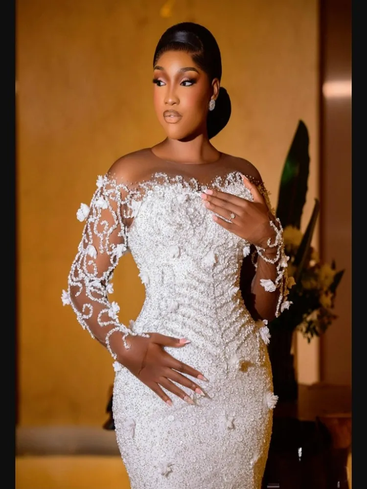 Customized Sheer Neck Sparkly Heavy Beads Sequins Luxury  Plus Size Wedding Dress   Long Sleeves Handmade Flowers  Bridal Gowns
