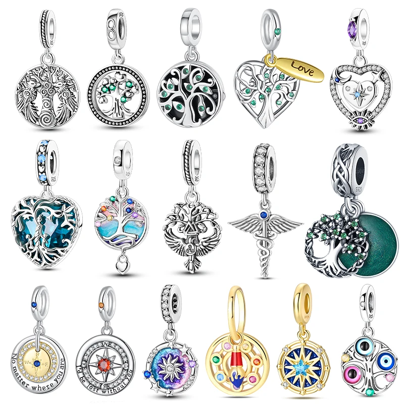 

Hot Sale Charms 925 Silver Fits Original 3mm 925 Womens Bracelet Tree of Life & Star Compass Charms Beads DIY Fine Jewelry Gifts