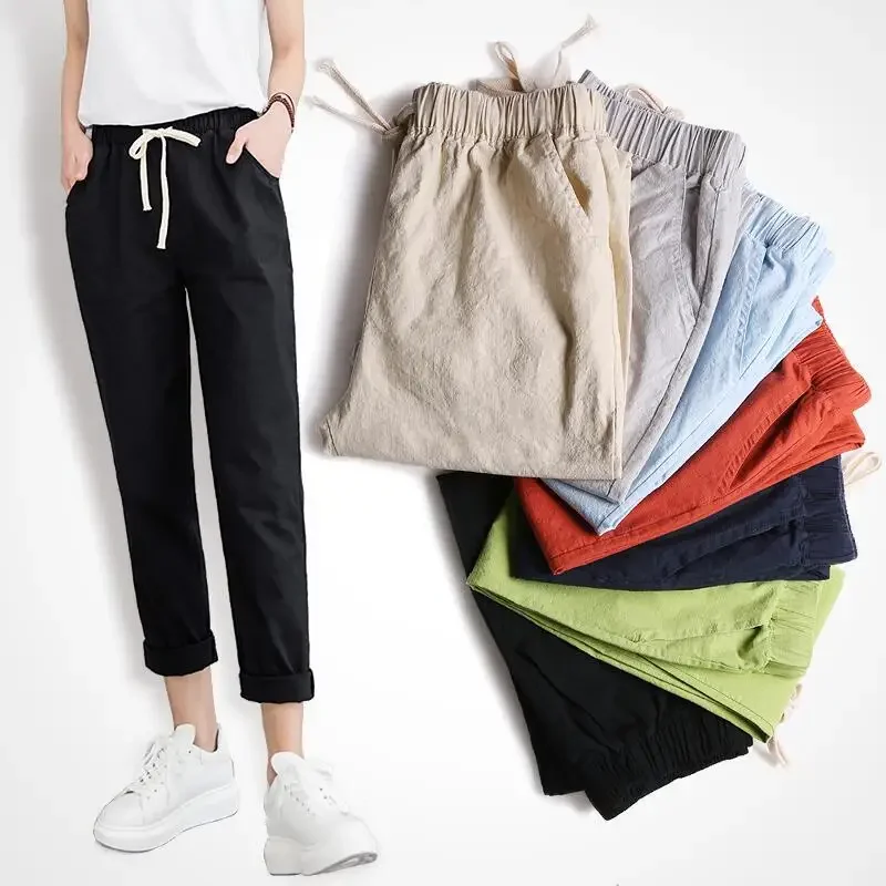 

Casual Pants Women High Waist Spring Summer 2023 Linen Cotton Black Khaki Ankle Length Harem Solid Drawstring Womens Pencil Pant