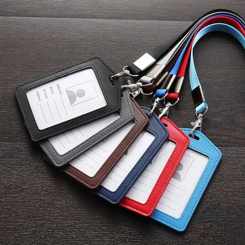 High Quality Genuine Leather Work Card Holder With Neck Lanyard Solid Color ID Card Cover Id Name Tag