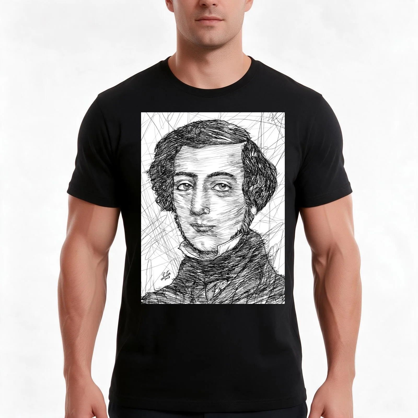 ALEXIS DE TOCQUEVILLE - ink portrait T-Shirt, Summer Casual Cotton Tee, Oversized Streetwear Tops, Vintage Graphic Print