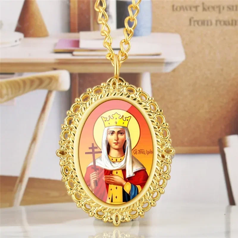 

Golden Oval Shape Virgin Mary Design Unisex Quartz Analog Pocket Watch Pendant Religion Clock with Sweater Chain Souvenir