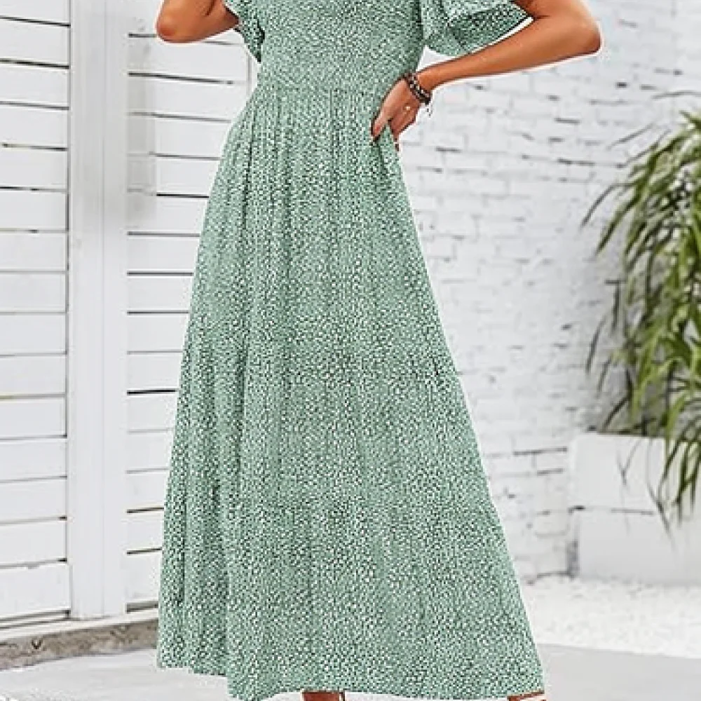 Beach Bohemian Dress Women Summer Short Sleeve Round Neck Loose Casual Maxi Gown Floral Print Fashion Holiday Plus Size Apparel
