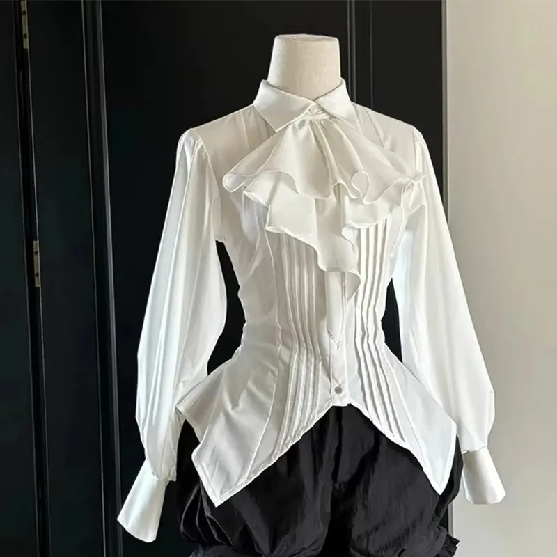 Gothic Shirt Jabot Ruffle Tie Blouse Pleated Fold Swallow Women Vintage Frill Long Sleeve Ouji Lolita Costume Tops