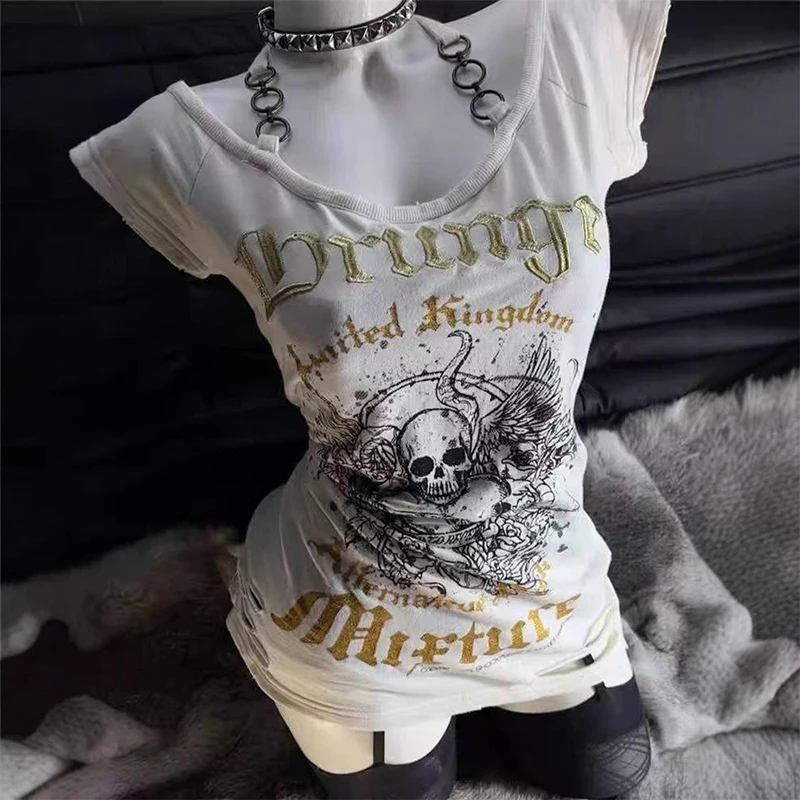 

Y2k original American retro short sleeved T-shirt for women's summer hot girl slim fit skull print Grunge punk streetwear top