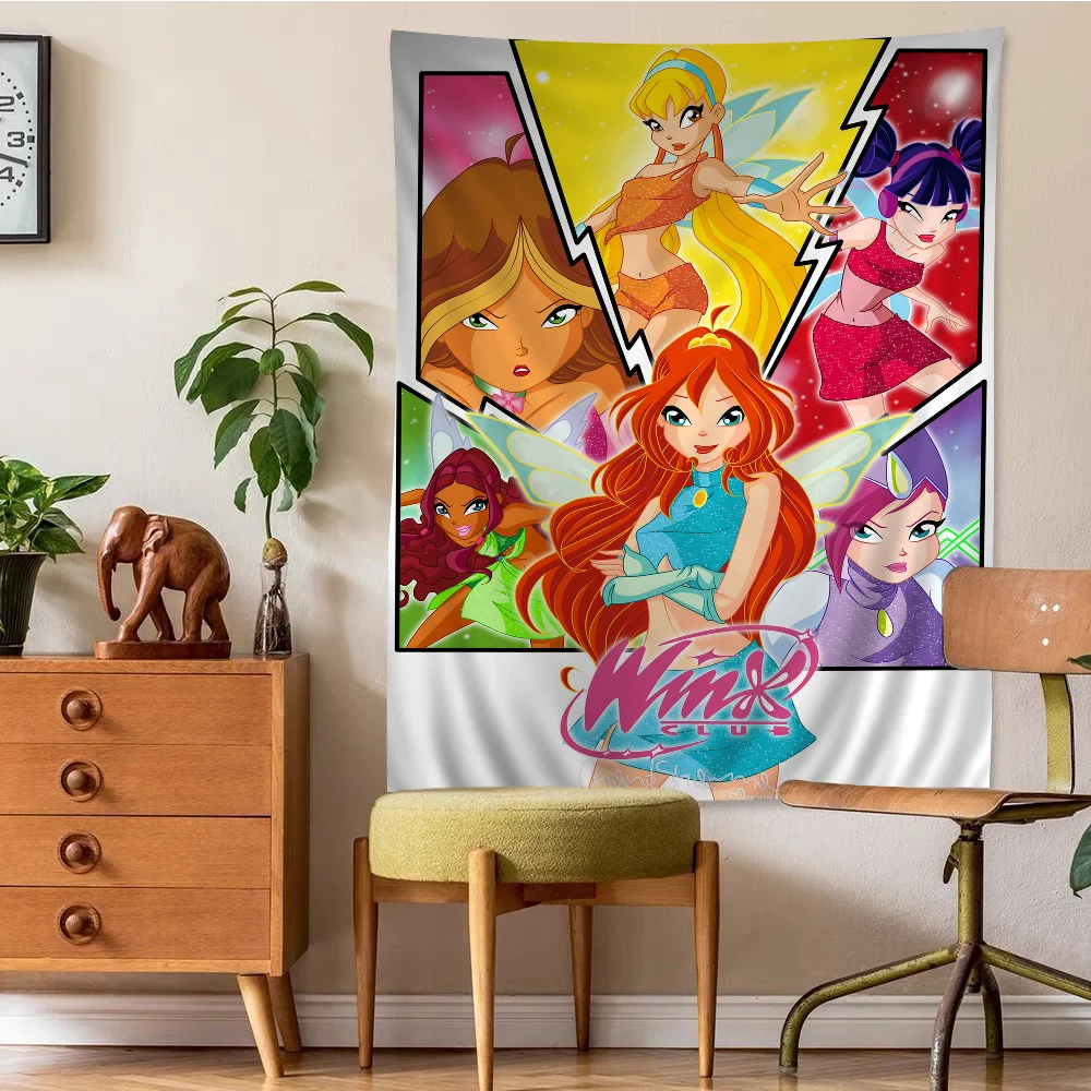 Girl-W-Winx Catoon Clubs Anime Tapestry Hippie Flower Wall Carpets Dorm Decor Wall Hanging Home Decor