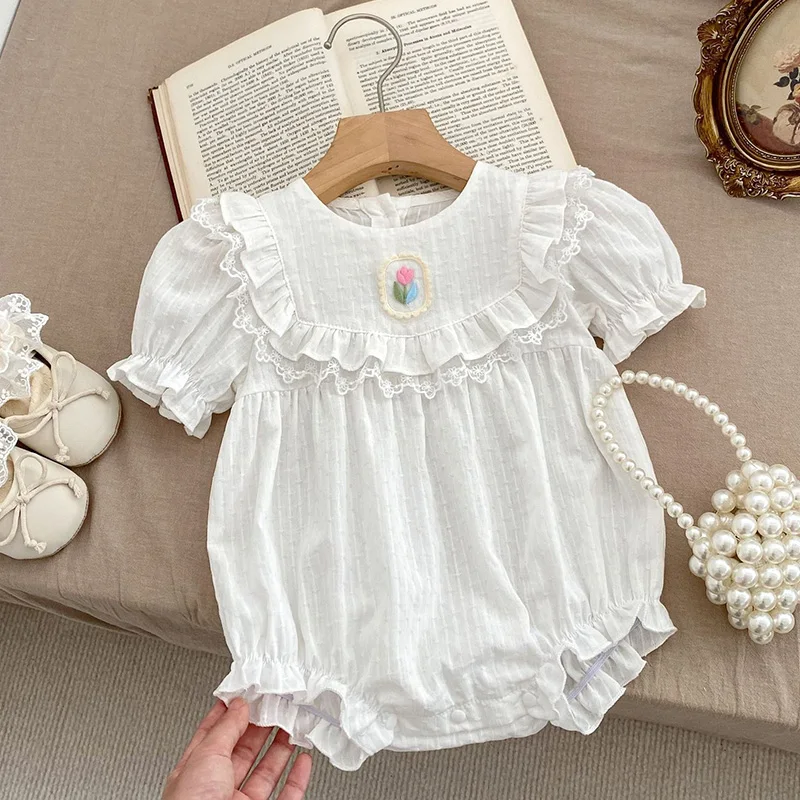 

2024 New Summer Infant Baby Girl Bodysuits Short Sleeved Cotton Embroidery Toddler Baby Girls Jumpsuit 0-24M Baby Girls Clothes