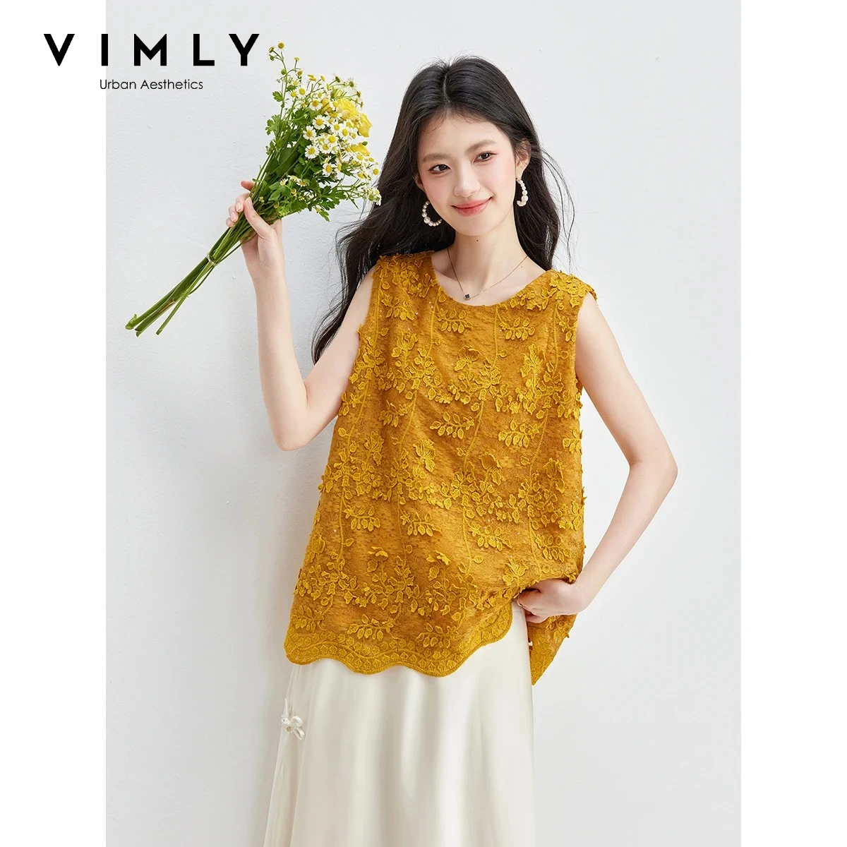 

VIMLY Women's French Elegant Yellow Sleeveless Lace Shirt Summer 2026 New Embroidered Versatile Vest Top Casual Style A6618