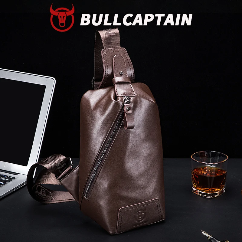 BULLCAPTAIN Genuine Leather Chest Bag for Men Classic Shouder Messenger Bag with Cell Phone Pocket Outdoor Crossbody Bags