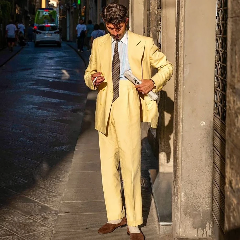 Summer Men's Yellow Suits 2 Piece Male Set Lightweight Breathable Double Breasted Blazer Business Office Wedding Guest Costume