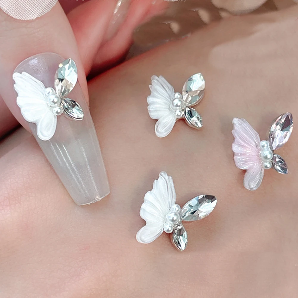 Zunderes-Décalcomanies pour ongles en forme de papillon, breloque 3D, cristal de glace, alliage de perles, rose nickel é, blanc, bricolage, luxe, accessoires pour ongles, 10 pièces