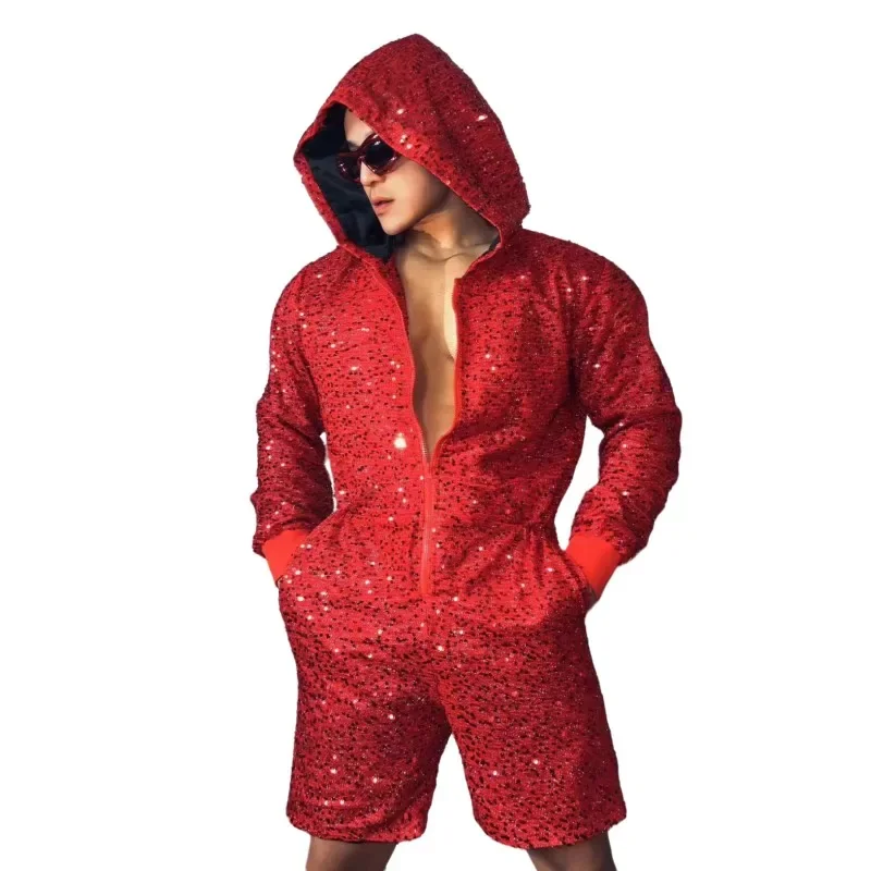 

Shining Red Sequins Jumpsuit Playsuits Overall Hip Hop Jazz Dance Costume Male Singer Dancer Party Show Nightclub Clothing