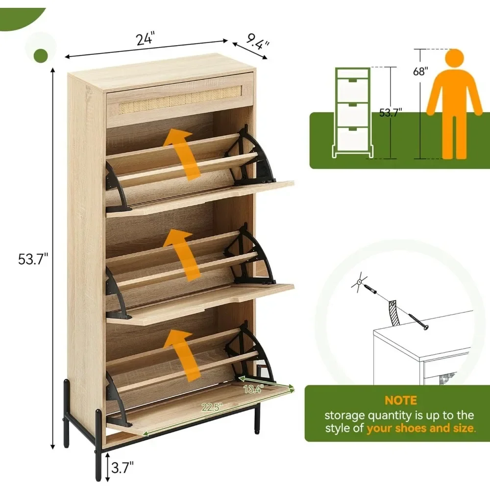 Natural Rattan Shoe Cabinet, Entryway Cabinet Wooden Shoe Rack with 3 Flip Drawers and1 Drawer, 3-Tier Adjustable Shelves Shoe