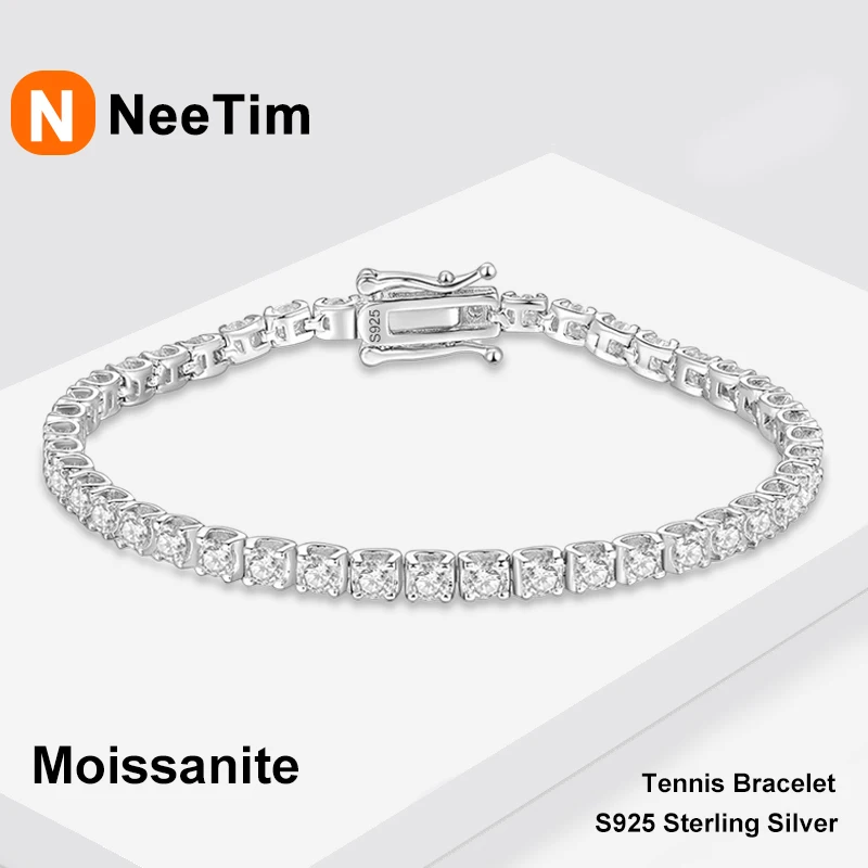 NeeTim 2.5mm Moissanite Tennis Bracelets Woman 925 Sterling Silver Sparkling Women's Hand Bracelet Chain Luxury Jewelry for Girl