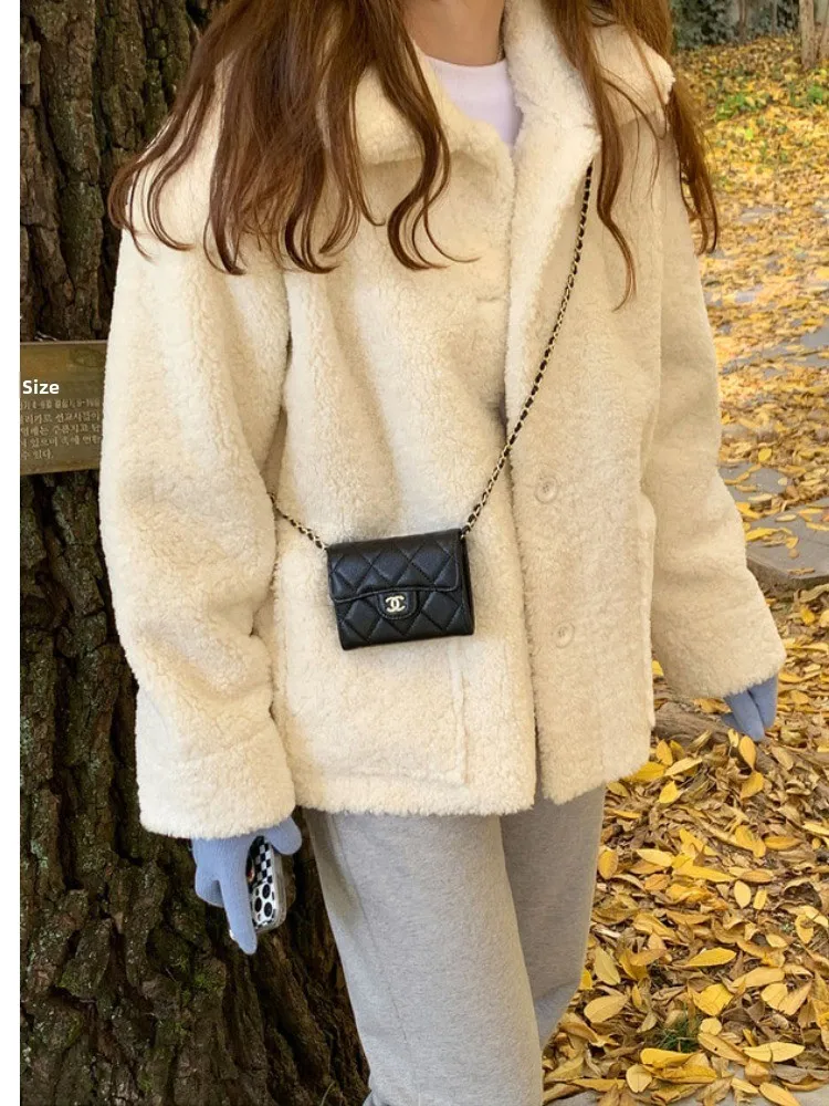 سترة نسائية من فرو الخروف بياقة كلاسيكية، موديل جديد لخريف 2025، معطف قصير دافئ وأنيق مناسب للمدرسة والشارع والتنقل